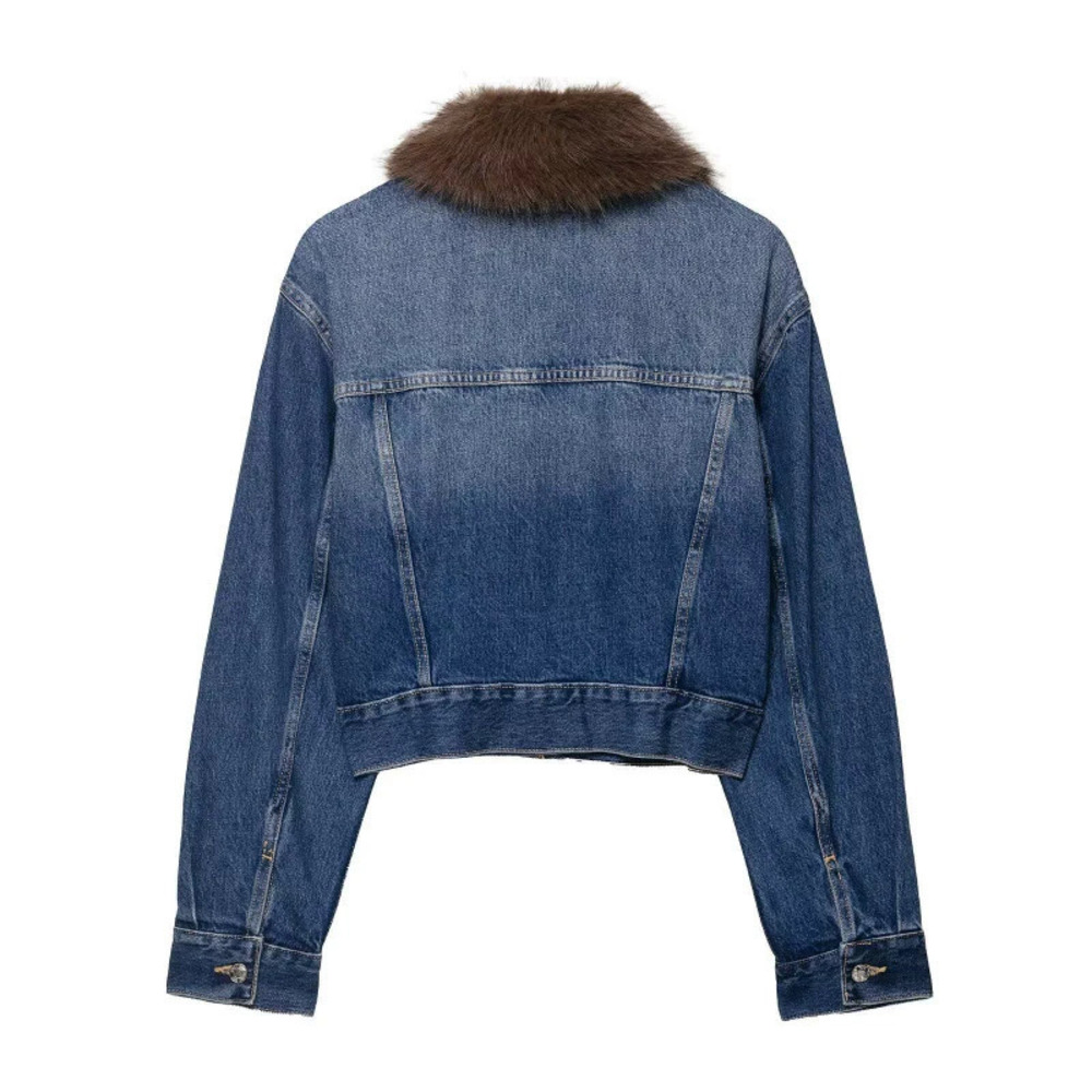 ZARA Flap Pocket Cropped Faux Fur Denim Jacket
